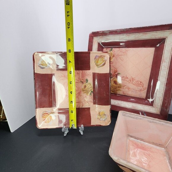 Handmade Unique Mod Podge Glass Plates and Bowl Set Maroon & Roses Design - Picture 4 of 6